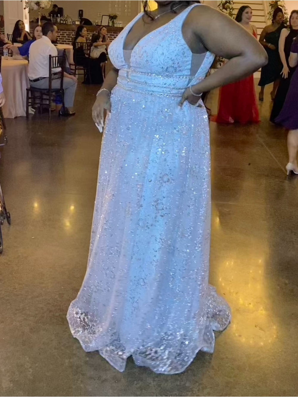 Sparkling Light Blue Sequin V-Neck Evening Gown